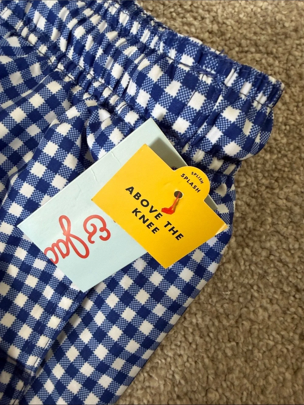NWT Boys Blue Gingham Swim Shorts with lining and back pocket size small 6/7